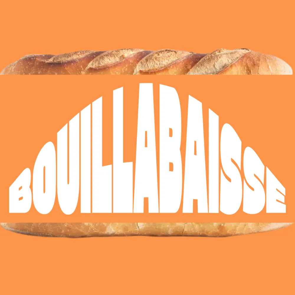 Illustration du sandwich Bouillabaisse avec typographie bold et graphique, sur fond orange. 