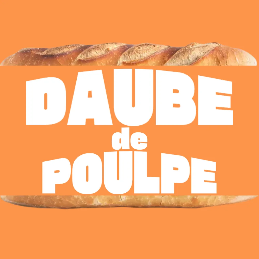 Illustration du sandwich Daube de poulpe avec typographie bold et graphique, sur fond orange. 