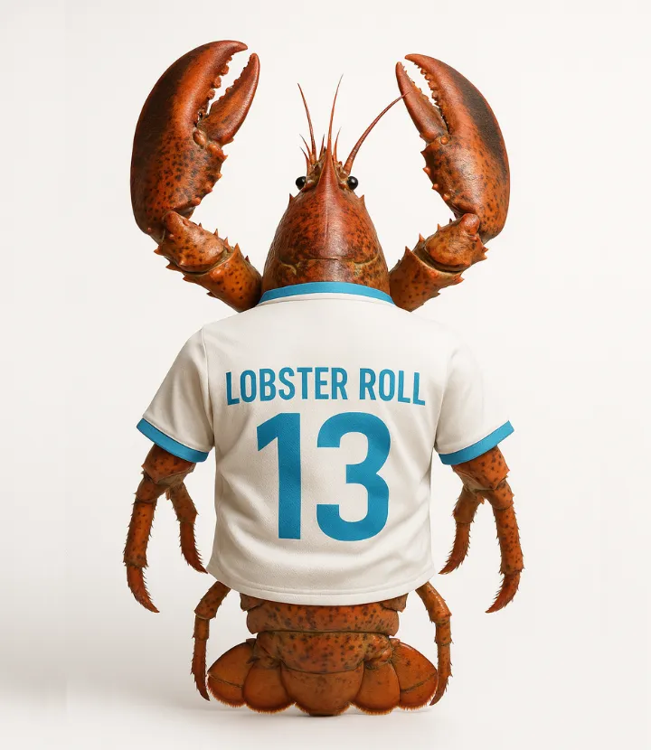 Homard rouge portant un maillot de l’Olympique de Marseille avec le numéro 13, illustrant un clin d’œil humoristique au lobster roll marseillais.