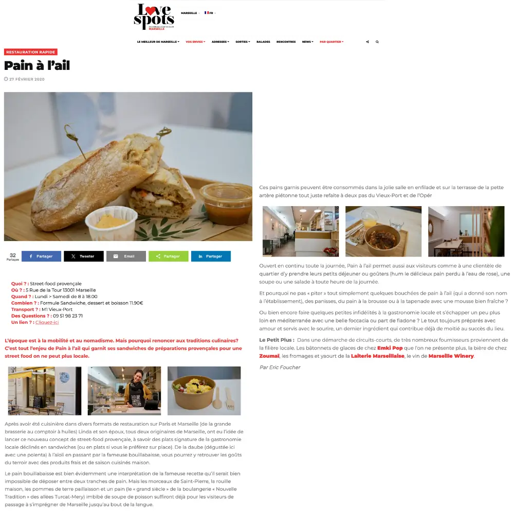 Capture d’écran d’un article publié sur le site Love spots présentant le restaurant Pain à l’Ail. 